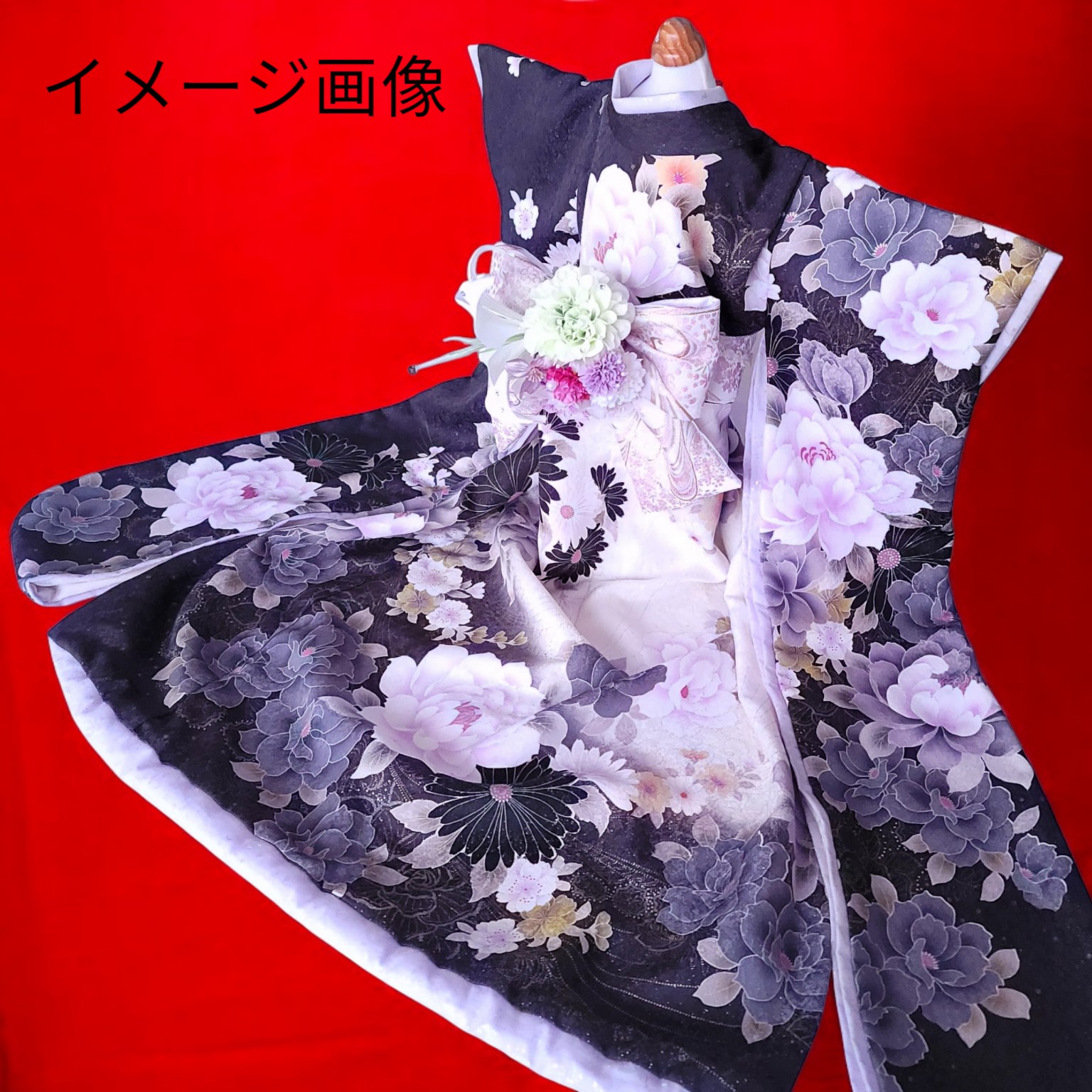 【新品】正絹　ペット用　着物　大振袖　おひきずり　サイズM〜Ｌ ペット用着物オンリーワンお引きずり大振袖ー花々絞り模様 | お