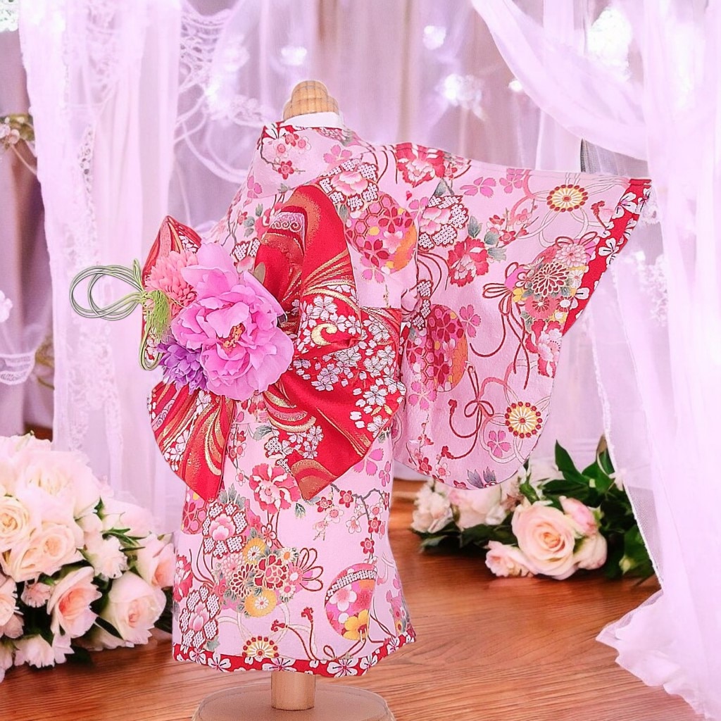 犬服の着物花結びピンク（帯電防止加工裏地つき）ペットの着物 | 着物