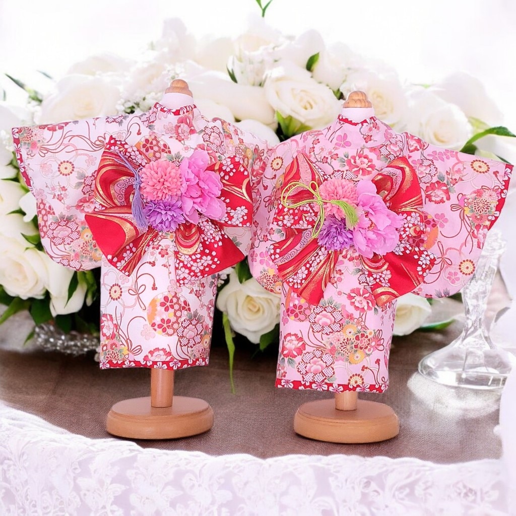 犬服の着物花結びピンク（帯電防止加工裏地つき）ペットの着物 | 着物