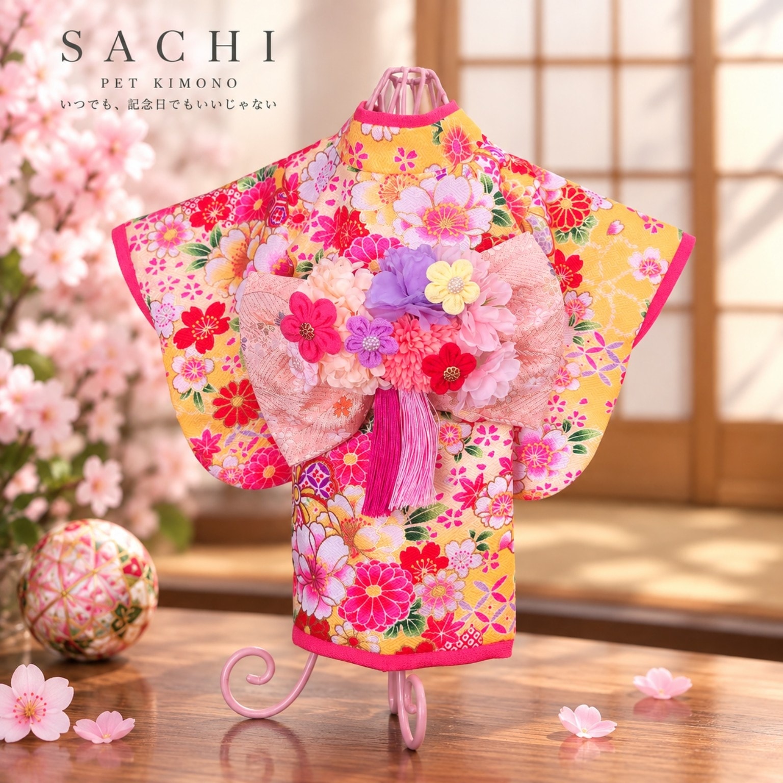 ペットの着物犬服の着物ー花咲く雅（みやび）イエロー ～桜花爛漫