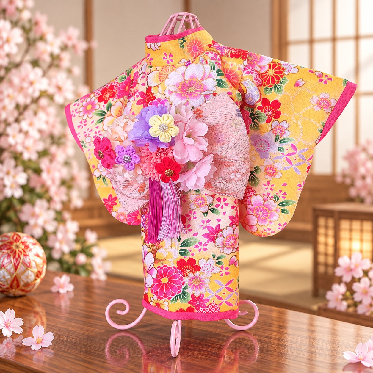 ペットの着物犬服の着物ー花咲く雅（みやび）イエロー ～桜花爛漫