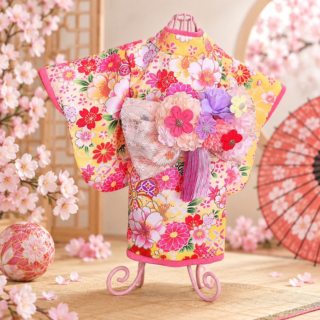 ペットの着物犬服の着物ー花咲く雅（みやび）イエロー ～桜花爛漫