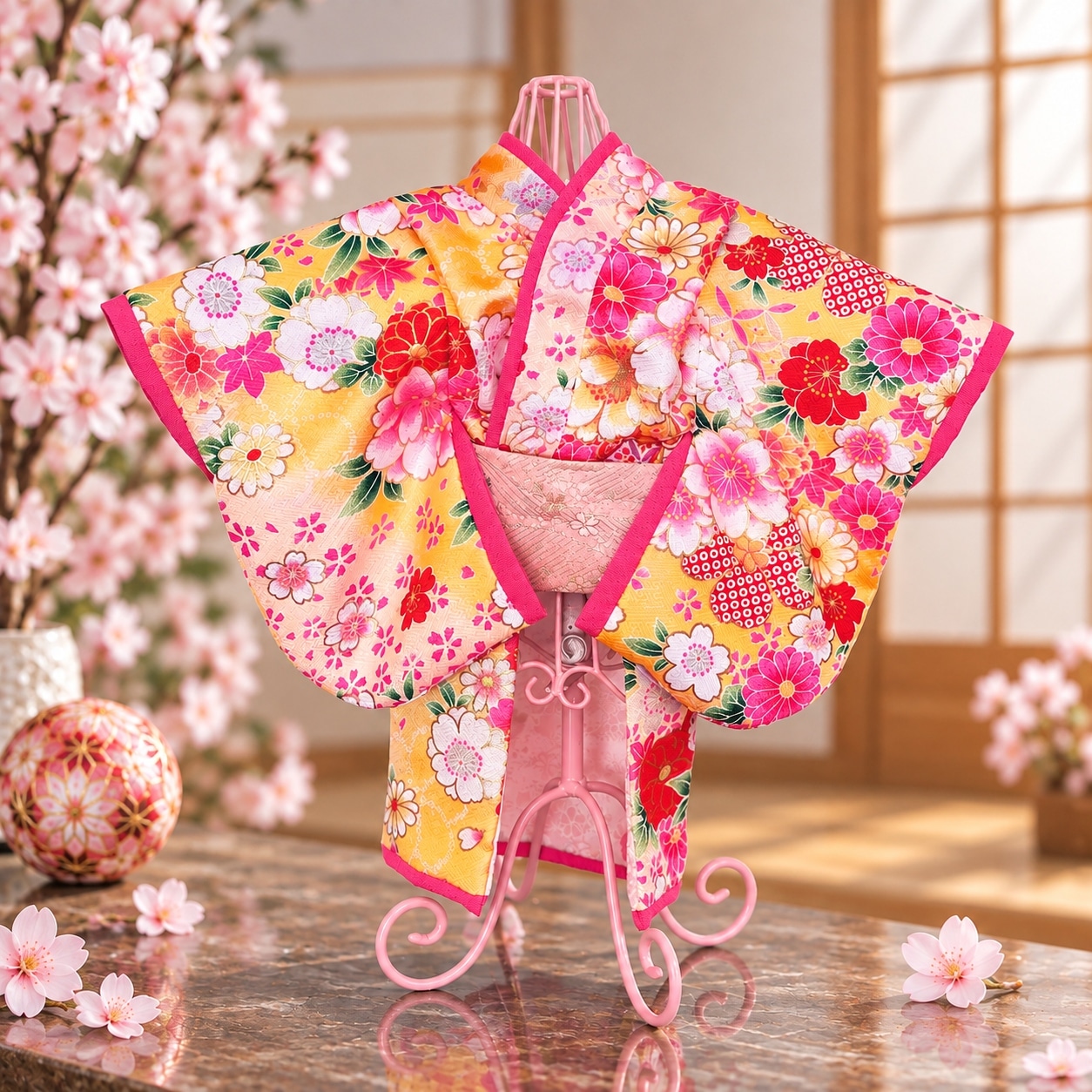 犬用 着物 振袖　和装 ペット服 ピンク 花柄 ペットの着物犬服の着物ー花咲く雅（みやび）イエロー ～桜花爛漫