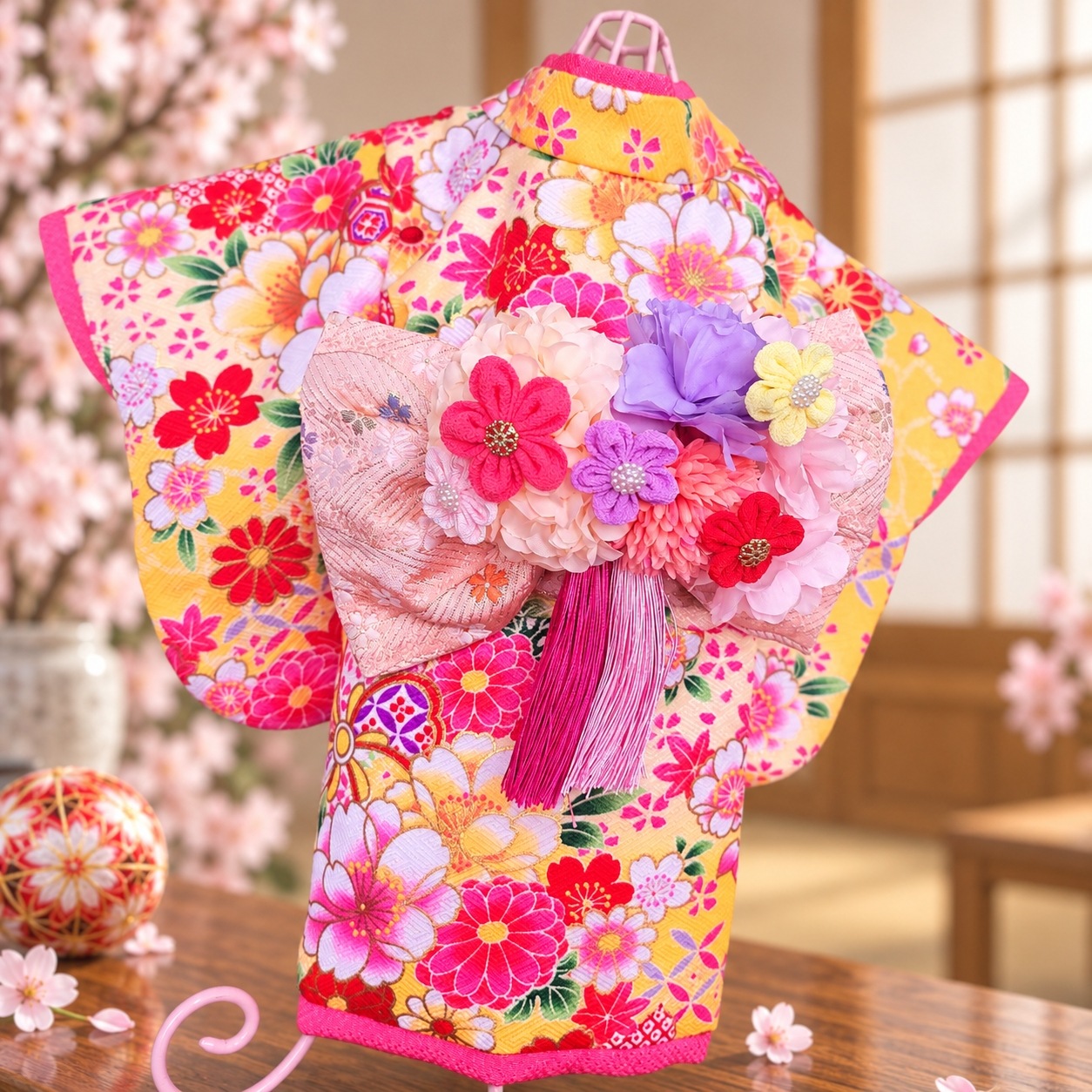 ペットの着物犬服の着物ー花咲く雅（みやび）イエロー ～桜花爛漫