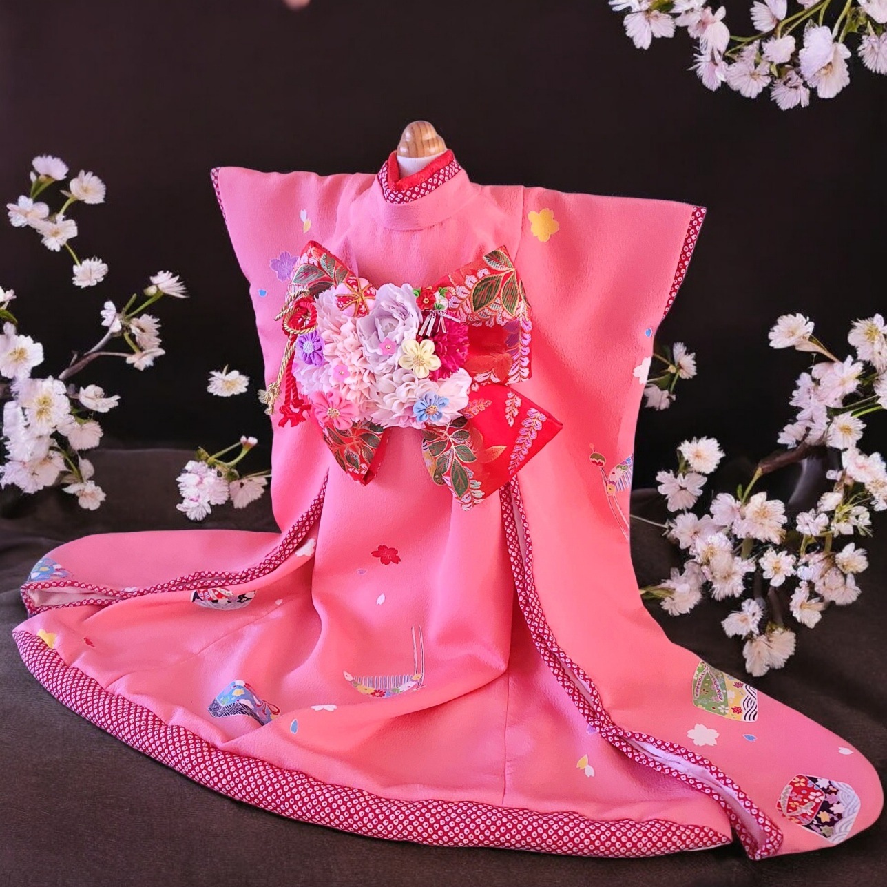 ペットの着物犬服の着物丹後ちりめん正絹（シルク）もも霞大振袖お