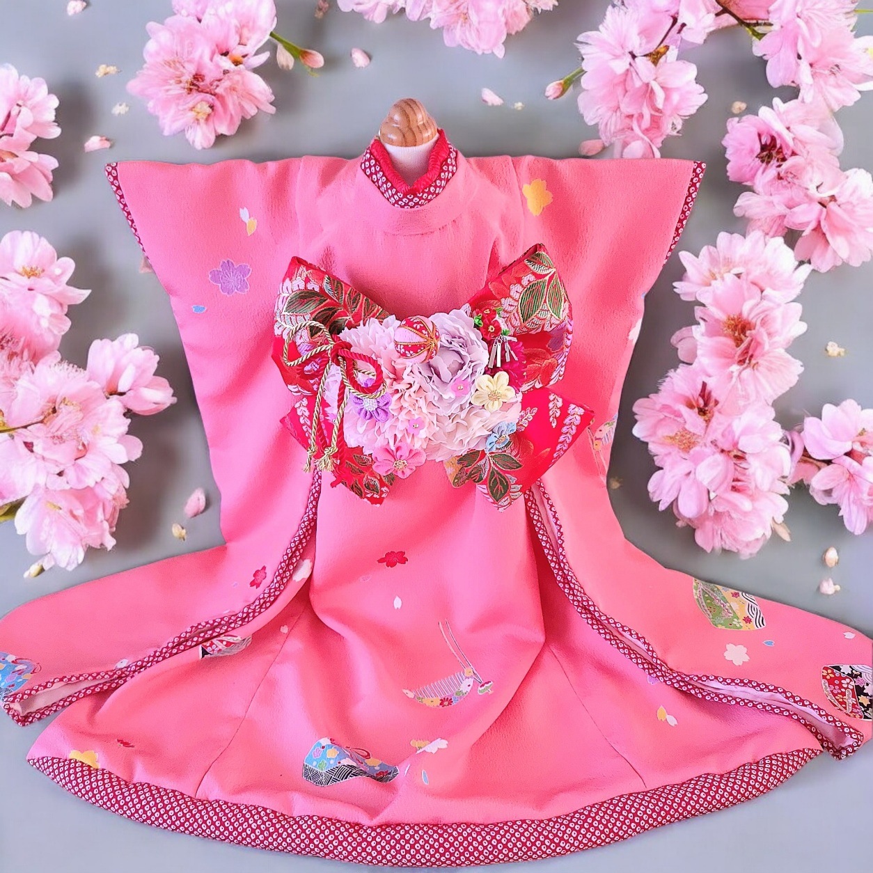 ペットの着物犬服の着物丹後ちりめん正絹（シルク）もも霞大振袖お