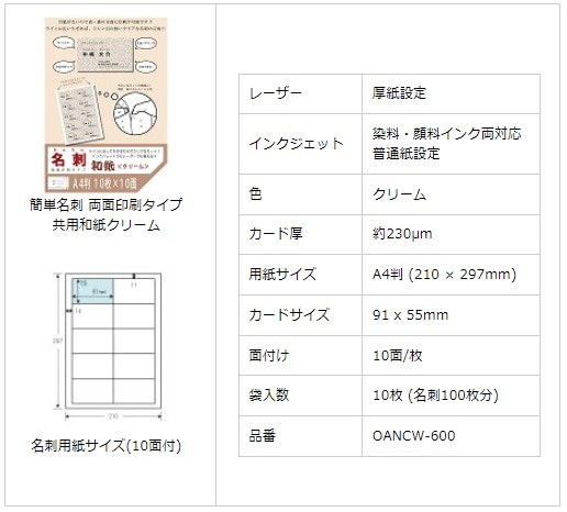 簡単名刺 両面印刷タイプ 共用和紙クリーム A4 10面 100&500枚入