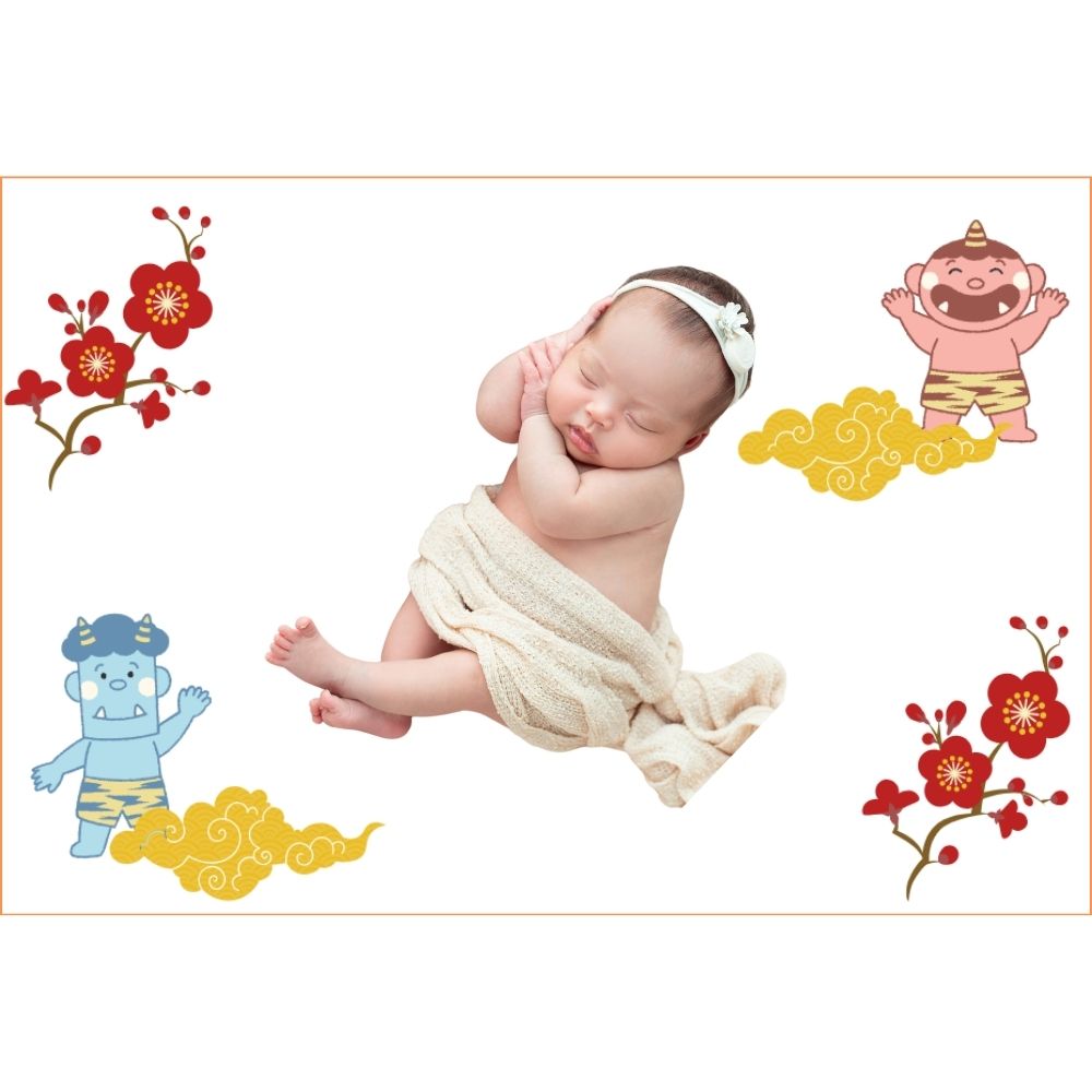 梅の花と左右に鬼