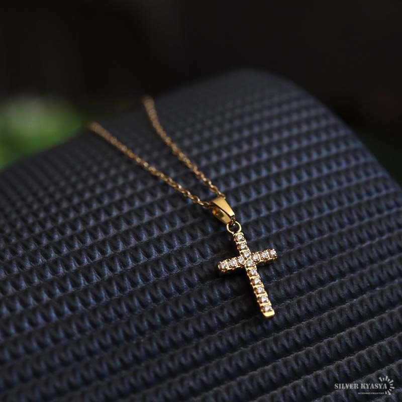 ステンレス クロスネックレス 細身 パヴェ 18KGP [n1249] | ネックレス
