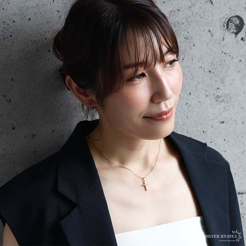ステンレス クロスネックレス 細身 パヴェ 18KGP [n1249] | ネックレス