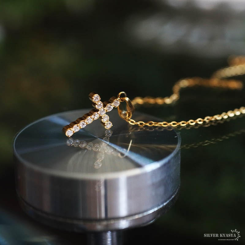 ステンレス クロスネックレス 細め 18KGP [n1250] | ネックレス