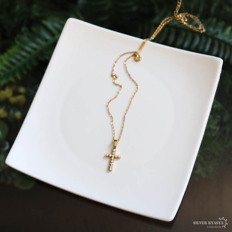 ステンレス クロスネックレス 細め 18KGP [n1250] | ネックレス