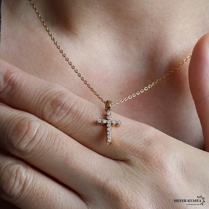 ステンレス クロスネックレス 細め 18KGP [n1250] | ネックレス