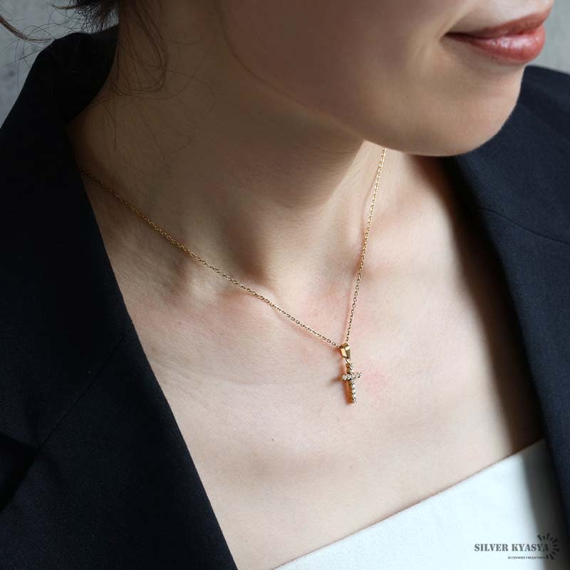 ステンレス クロスネックレス 細め 18KGP [n1250] | ネックレス