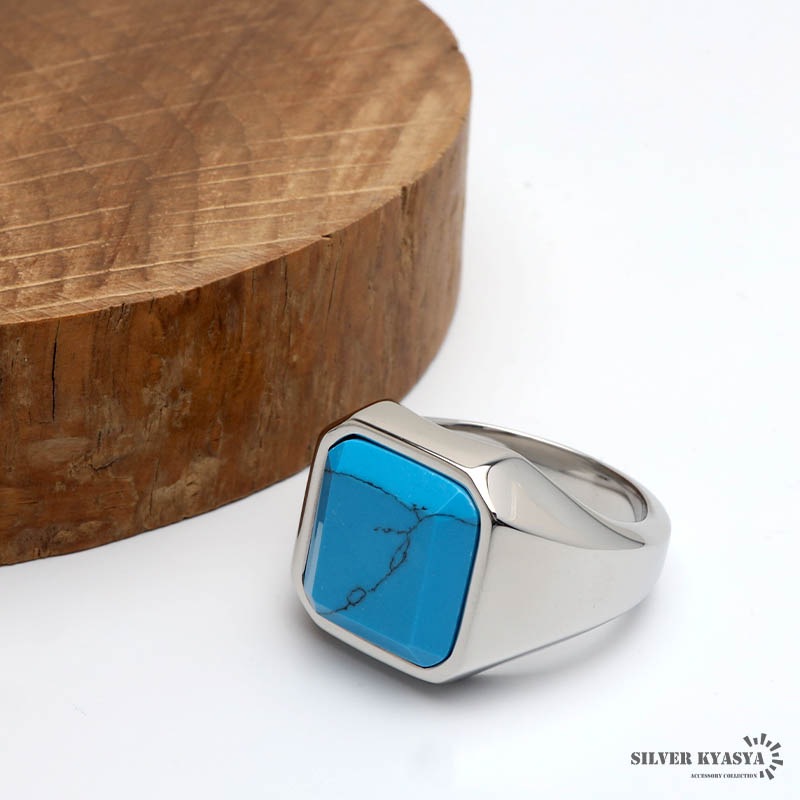 ステンレス スクエアターコイズ印台リング [r941] | リング,ステンレス