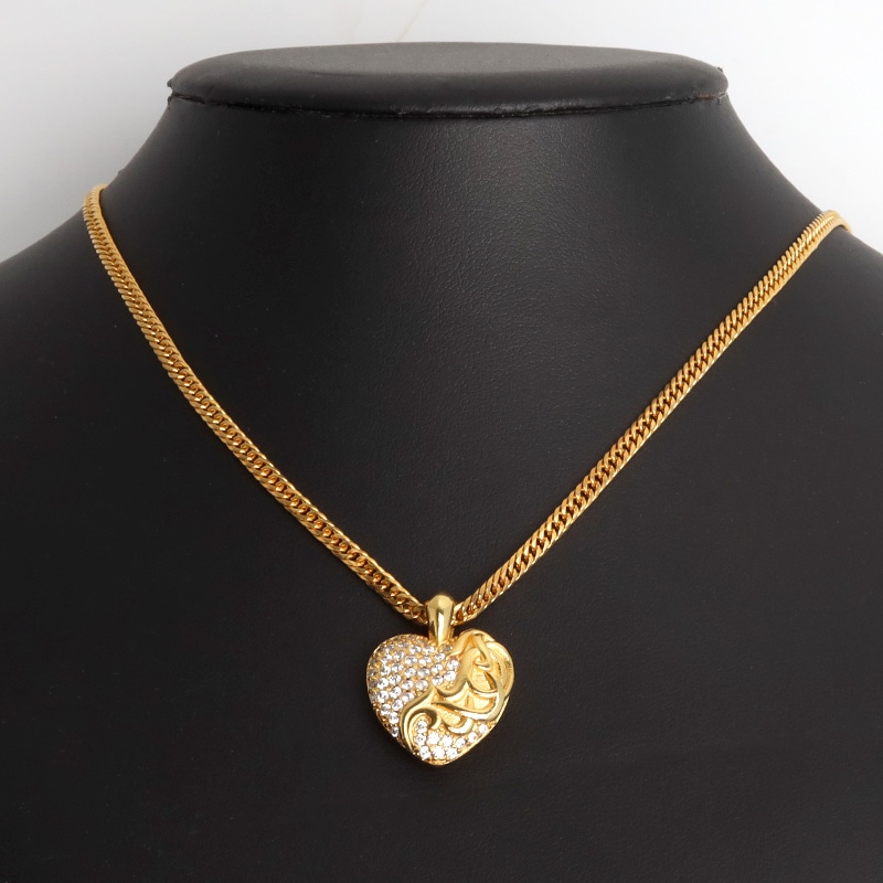 ステンレス ハートネックレス パヴェ ゴールド ダブル喜平 [n1254