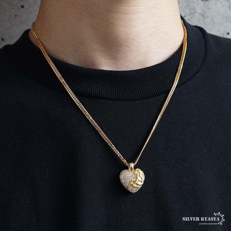 ステンレス ハートネックレス パヴェ ゴールド ダブル喜平 [n1254