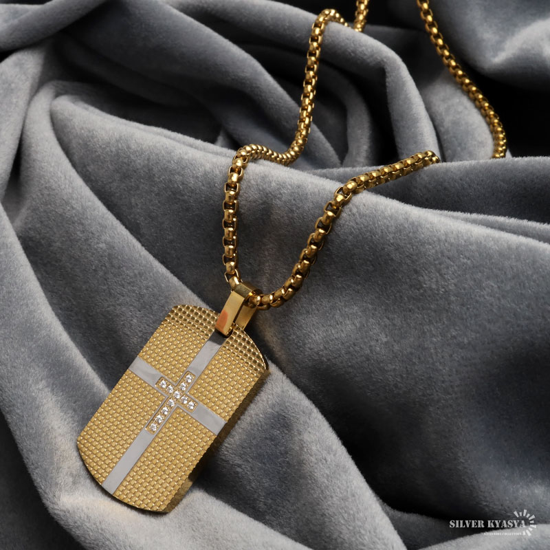 ステンレス ドッグタグネックレス ゴールド クロス [n1255