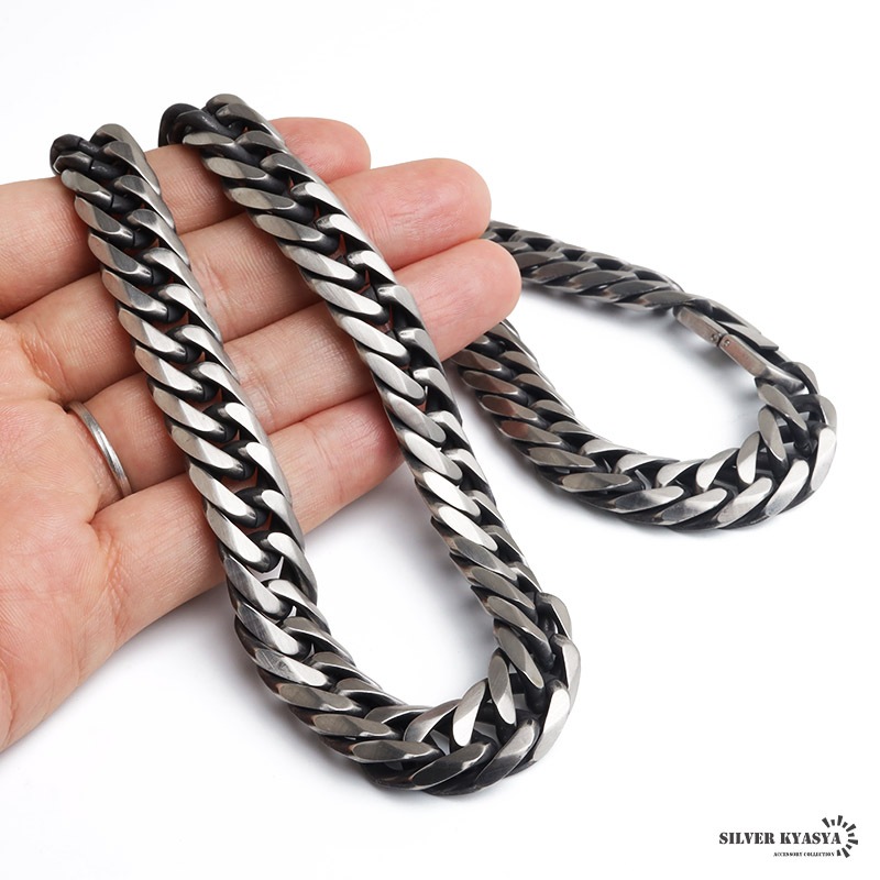 ステンレス 太幅のダブル喜平ネックレス 燻しタイプ 幅13mm 3サイズ