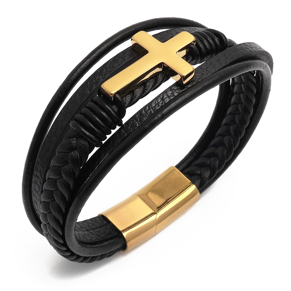 レザーと金属のバングル ステンレス レザーブレスレット メンズ バングル シルバー ブラック