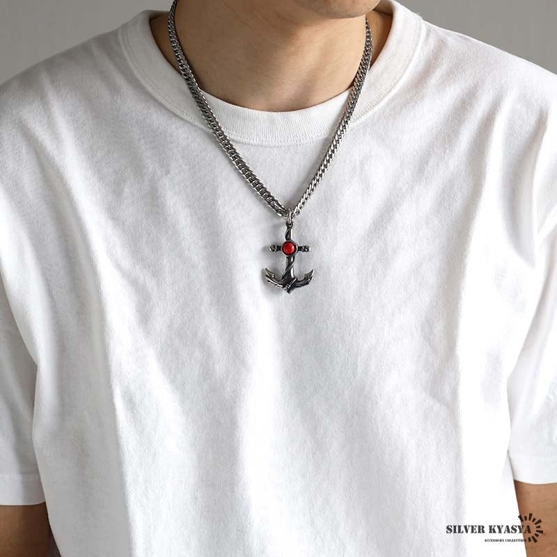 ステンレス レッドターコイズの錨ネックレス [n1092