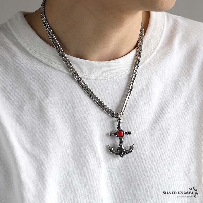 ステンレス レッドターコイズの錨ネックレス [n1092