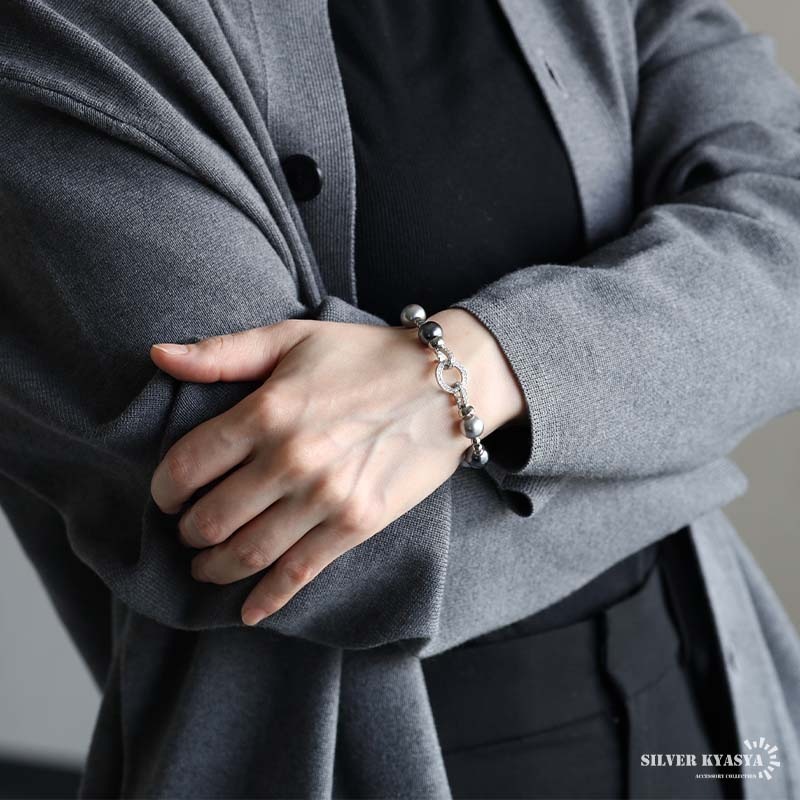 ステンレス メタルボールとパールのブレスレット 10mm [b971