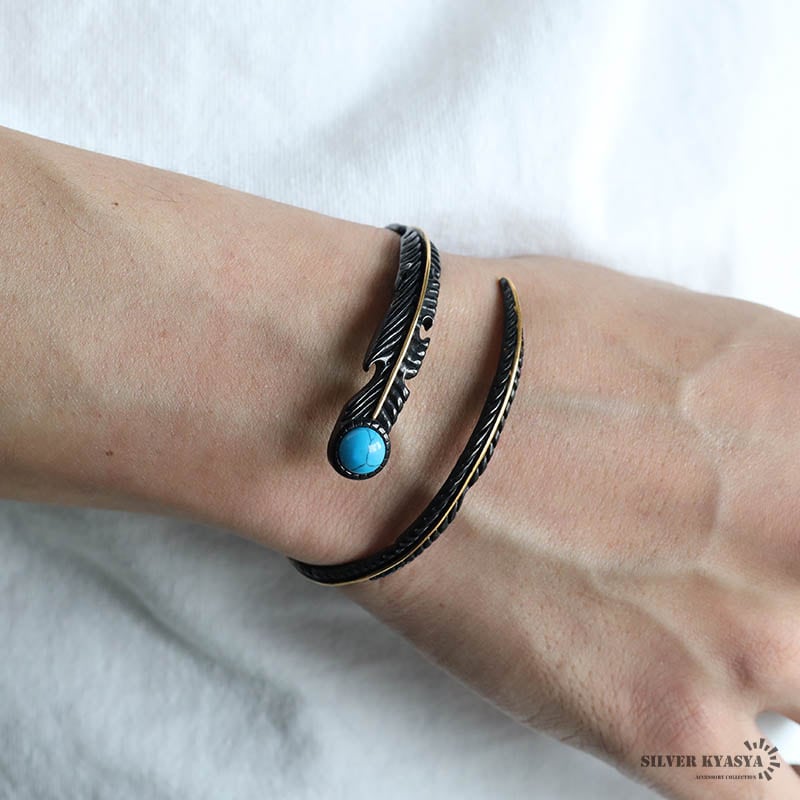 国外買付　シルバー925 刻印ターコイズ フェザー　 バングル シルバー925 ターコイズ付き ダブルフェザーバングル 925 太幅