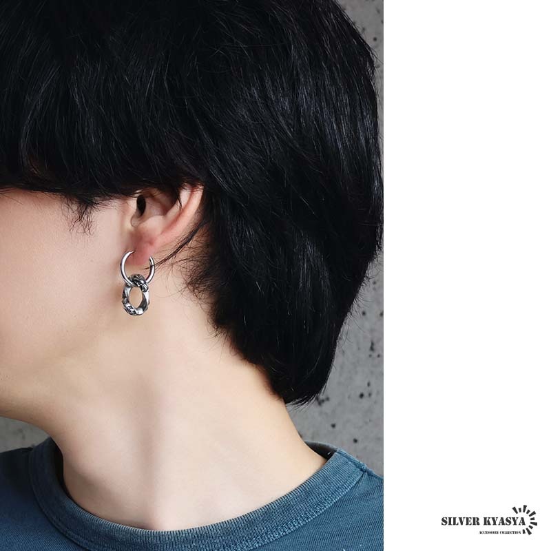 ステンレス 「チェーンのーコマ」フープピアス クロスタイプ [e527