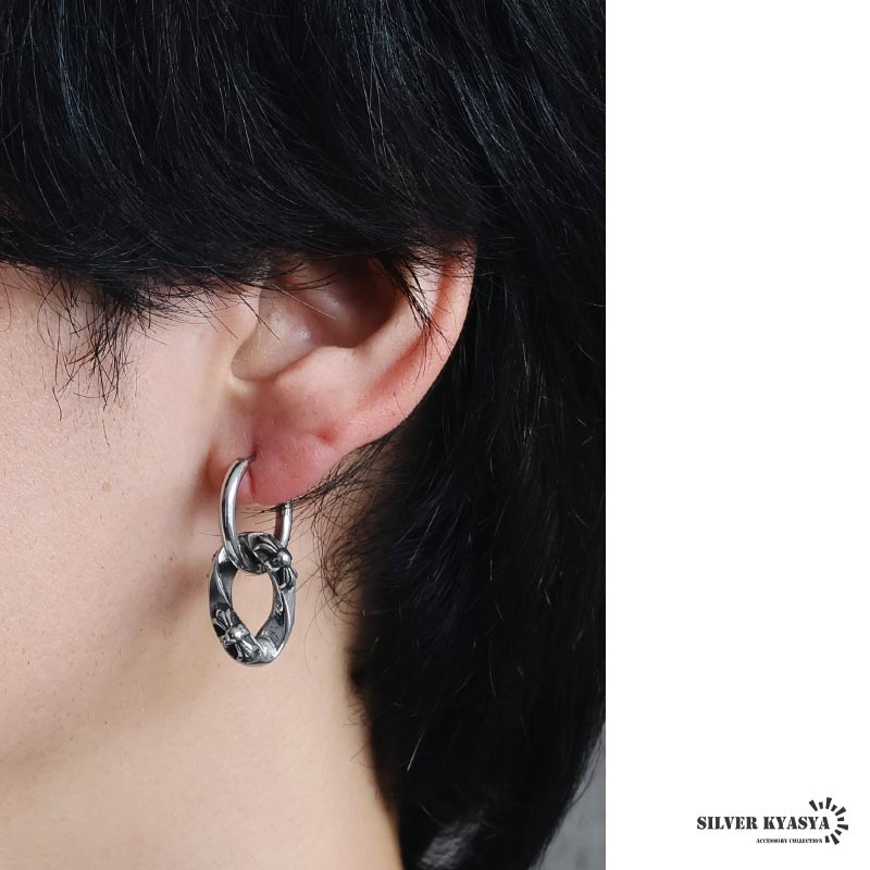 ステンレス 「チェーンのーコマ」フープピアス クロスタイプ [e527