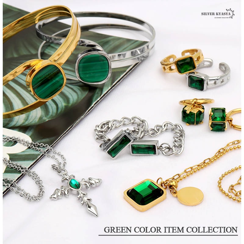 ステンレス 緑ストーンボールネックレス [n592] | すべての商品