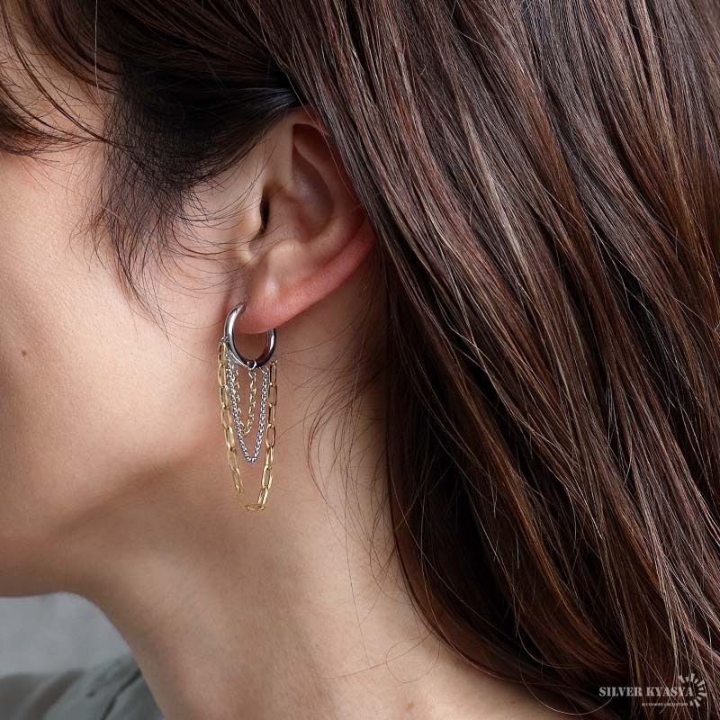 ステンレス 3連チェーンピアス 3カラー 18KGP 片耳用 1点 [e538