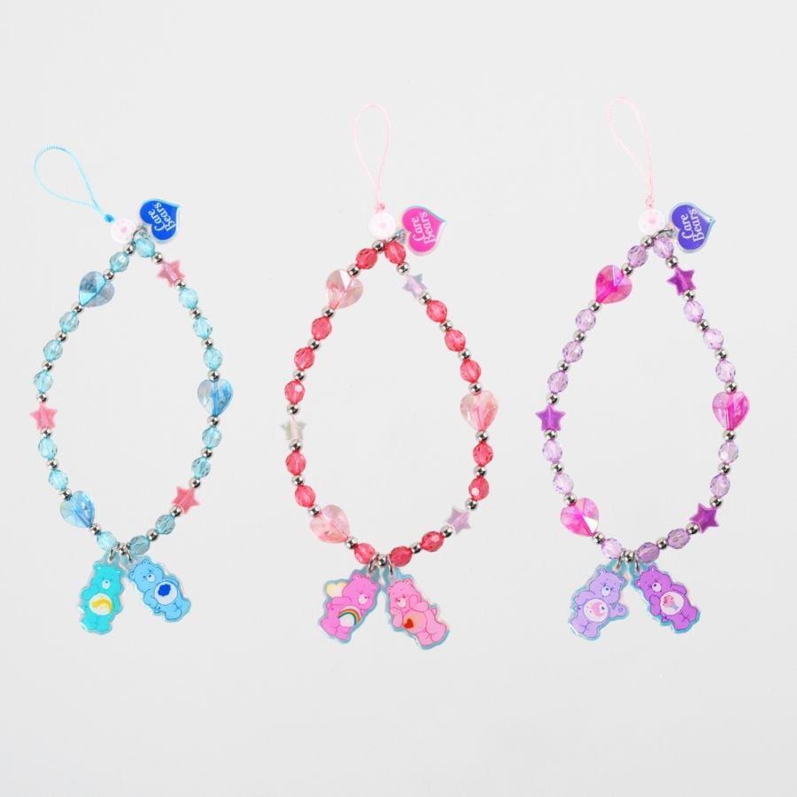 フォンストラップ  ケアベア ピンクビーズ パープルビーズ ブルービーズ