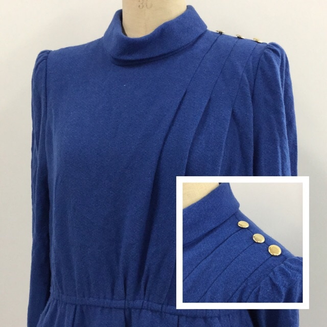 昭和レトロ モダン 長袖ニットワンピース サイズ11/青 無地 プレーン  