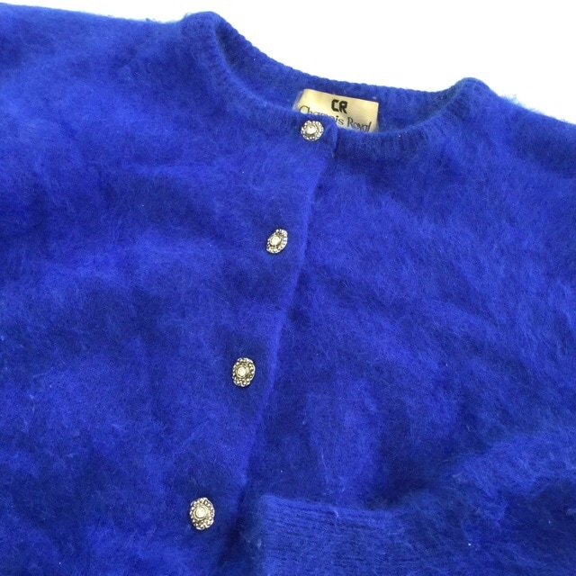 古着 ビンテージ 70s アンゴラ ハンドメイド ニット カーディガン 青 美品 古着 ビンテージ 70s アンゴラ ハンドメイド ニット