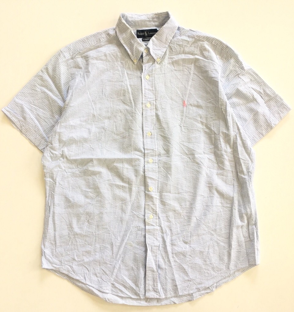 Polo By Ralph Lauren ポロ ラルフローレン 半袖シャツ ストライプシャツ 送料無料 メンズ Xl 白x水色 サッカー地 Classic Fit アメリカ輸入 Usa ブランド アメカジ 古着卸 業販 大きい ビッグ オーバー ー品切れー Spec Co Ltd