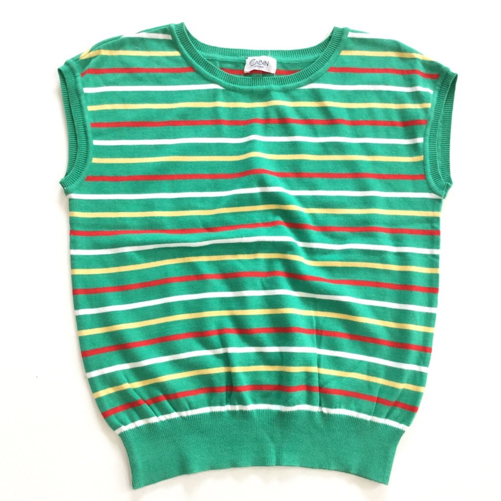 昭和レトロ サマーニット カットソー サイズm 緑 グリーン ボーダー ストライプ コットンニット カジュアル ノースリーブ ベスト モダン レディース 国内古着 送料無料 ー品切れー Spec Co Ltd