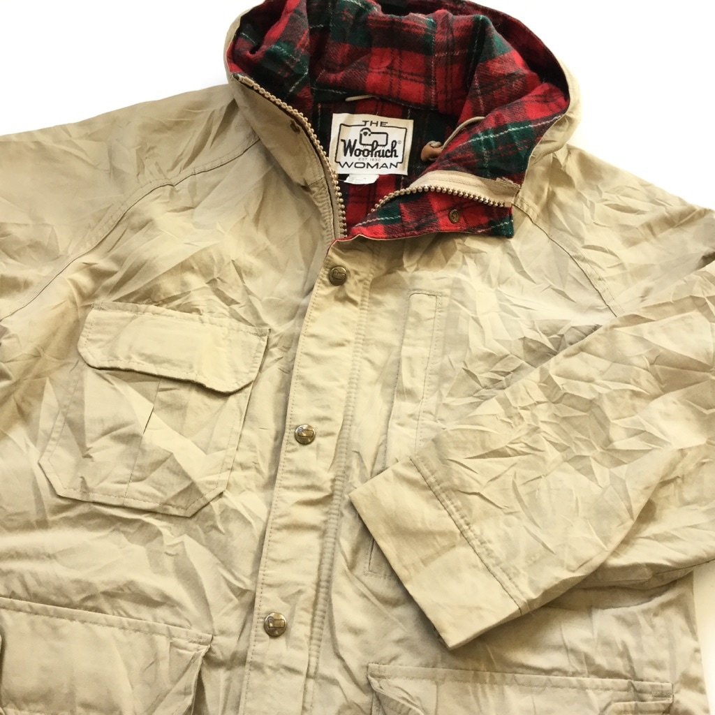 THE WOOLRICH ウールリッチ ビンテージ アメリカ直輸入 マウンテンパーカー ハーフジャケット 送料無料 レディース M/ベージュ系 アウトドア ダブルジップ USA アウトドア ウールライナー アメカジ ブランド マンパ 4ポケット フード 古着卸 業販 ヴィンテージ メンズ