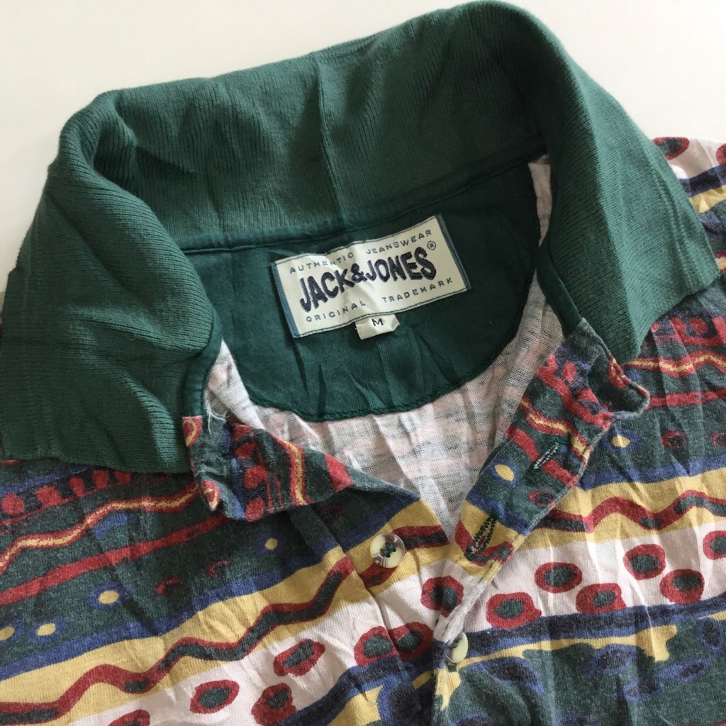 Jack Jones アメリカ古着 半袖ポロシャツ メンズ M 緑系 総柄 ネイティヴ エスニック アメカジ プリントusa 古着卸 業販 送料無料 アメリカ古着 メンズ トップス ポロシャツ Spec Co Ltd