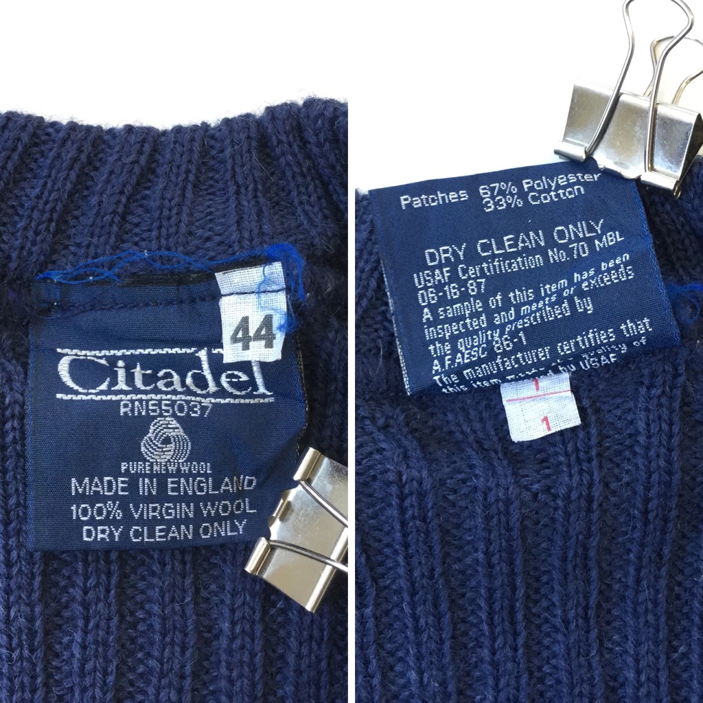 Citadel ミリタリーセーター ウールニット 送料無料 メンズ 44 青系 Made In England アメカジ Army 無地 Vネック エポレット 肘当て 英国製 古着卸 業販 ー品切れー Spec Co Ltd