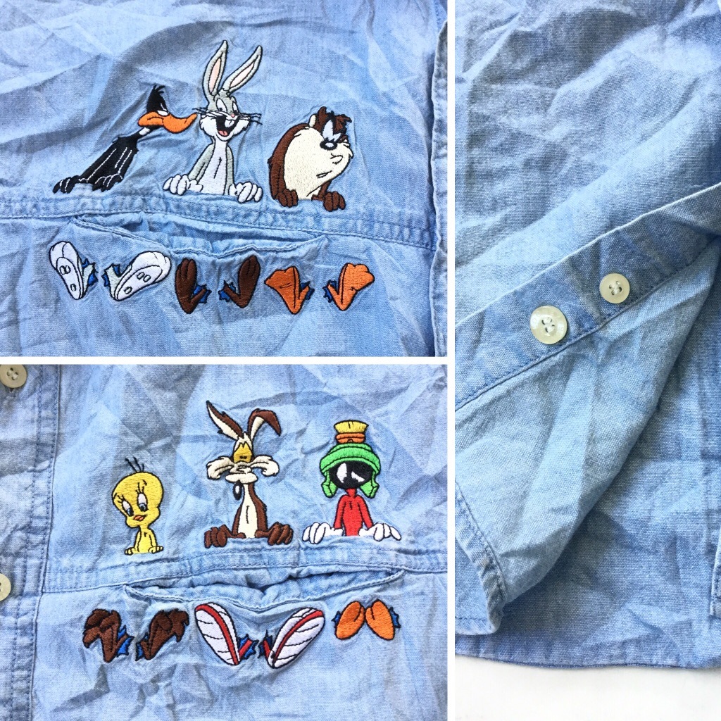 Looney Tunes ルーニーテューンズ バッグスバニー 長袖シャンブレーシャツ メンズ M Xl アイスブルー Usa 送料無料 アメカジ アメコミ キャラt ウサギ トゥイーティー 古着卸 業販 コラボt アメリカ古着 メンズ トップス 長袖シャツ Spec Co Ltd