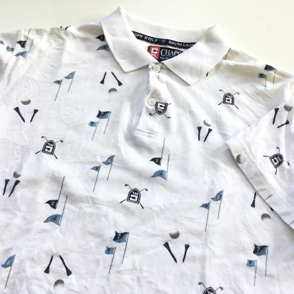 Chaps Ralph Lauren チャップス ラルフローレン 半袖ポロシャツ アメリカ直輸入 メンズ L 白x柄 鹿の子 Golf 総柄 スポーツ 古着卸 業販 ー品切れー Spec Co Ltd