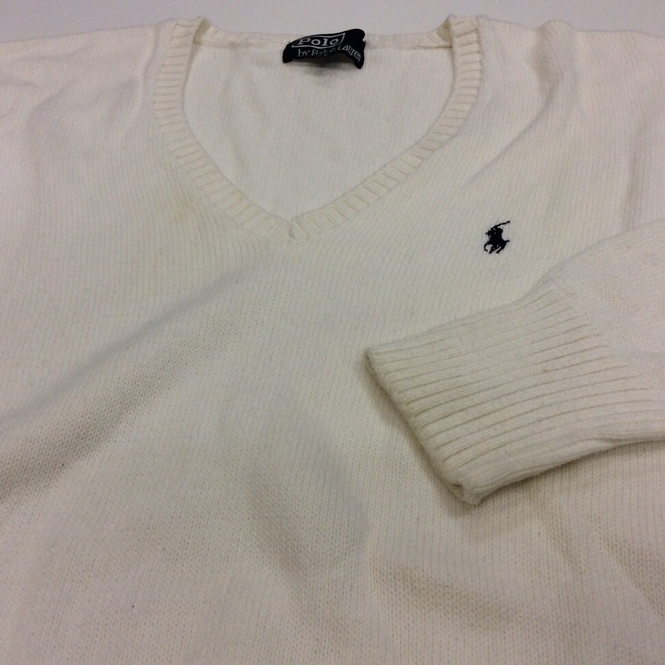 Polo By Ralph Lauren ポロ ラルフローレン Vネックセーター コットンニット 送料無料 170 L 白 ホワイト 国内古着 ブランド 刺繍ロゴ アメカジ ベーシック ポニー シンプル 古着卸 業販 ー品切れー Spec Co Ltd