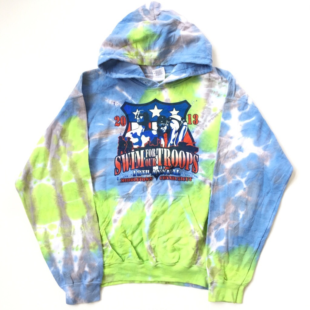 タイダイパーカー アメリカ直輸入 プルオーバー フード 送料無料 メンズ M 水色x黄緑xグレー系トレーナー アメカジ ワーク 水泳 軍 古着卸 業販 Swim For Our Troops ー品切れー Spec Co Ltd