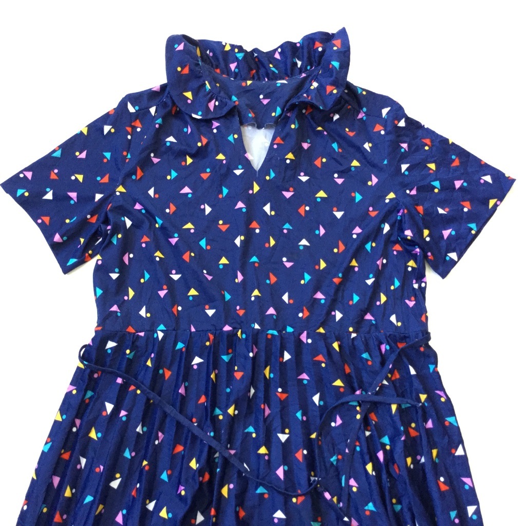 アメリカ古着 半袖ワンピース 総柄ドレス レディース L Xl 紺xマルチ プリーツスカート ポリワンピース ポップ オールドアメリカ アメカジ Usa 古着御 送料無料 大きい ビッグ オーバー ー品切れー Spec Co Ltd