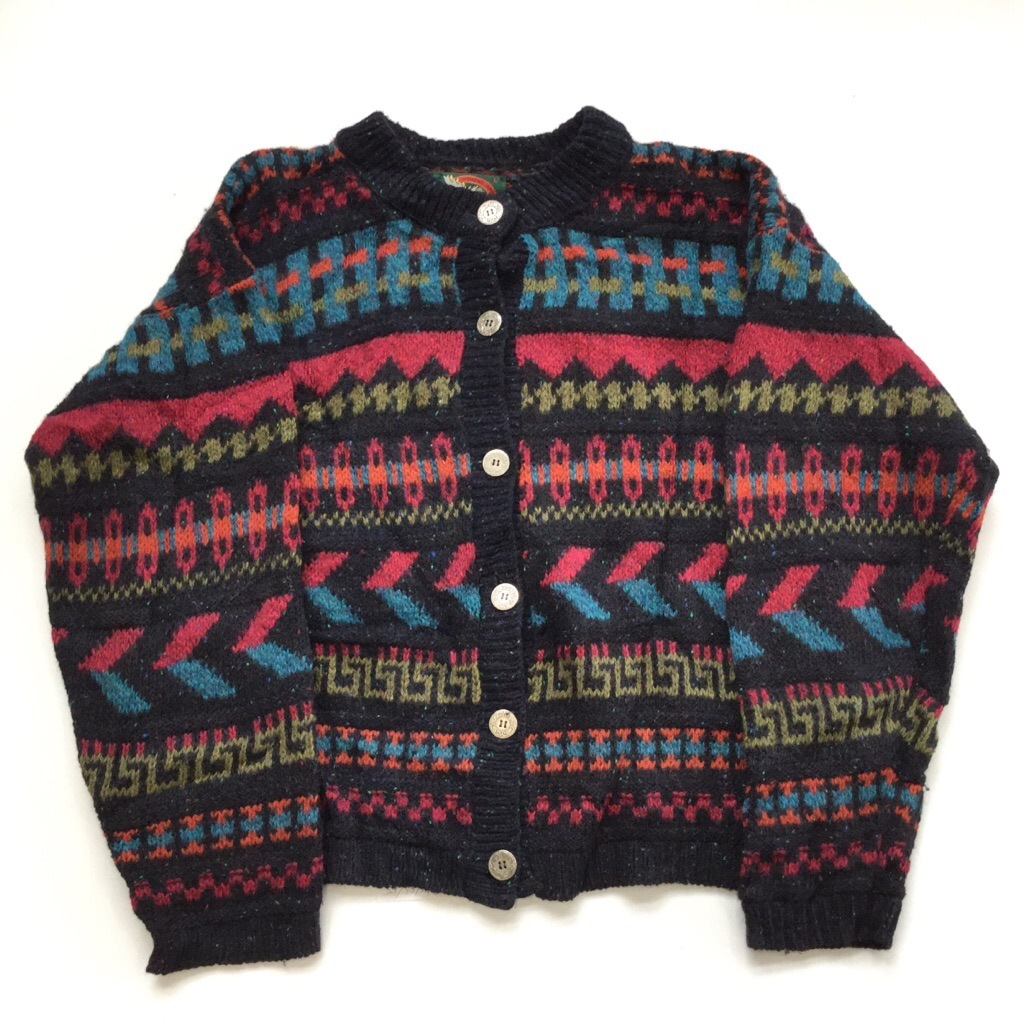 Alps ウールカーディガン ニットセーター アメリカ直輸入 送料無料 レディース L 黒xマルチ ツイード 総柄 柄編み 金物ボタン 模様編み カジュアル 防寒 Made In Usa 古着卸 業販 ー品切れー Spec Co Ltd