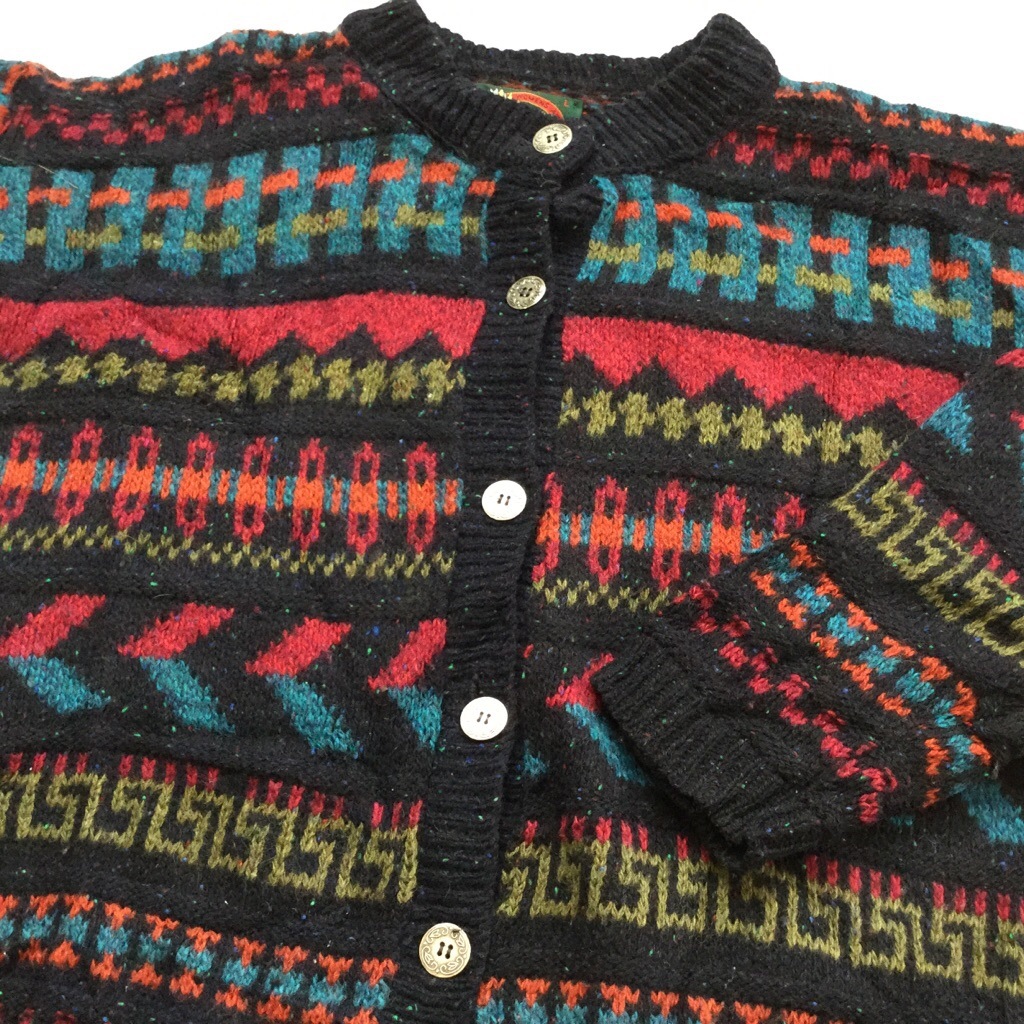 Alps ウールカーディガン ニットセーター アメリカ直輸入 送料無料 レディース L 黒xマルチ ツイード 総柄 柄編み 金物ボタン 模様編み カジュアル 防寒 Made In Usa 古着卸 業販 ー品切れー Spec Co Ltd