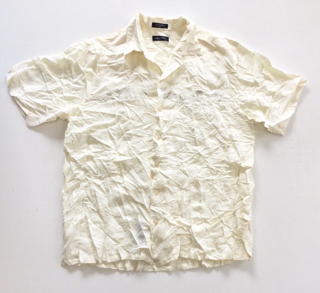 Nautica ノーティカ 半袖シャツ リネンシャツ 送料無料 メンズ M クリーム系 ロゴ ヨット 海 リゾート 刺繍 オープンカラー アメリカ直輸入 アメカジ Usa ブランド 古着卸 業販 アメリカ古着 メンズ トップス 半袖シャツ Spec Co Ltd