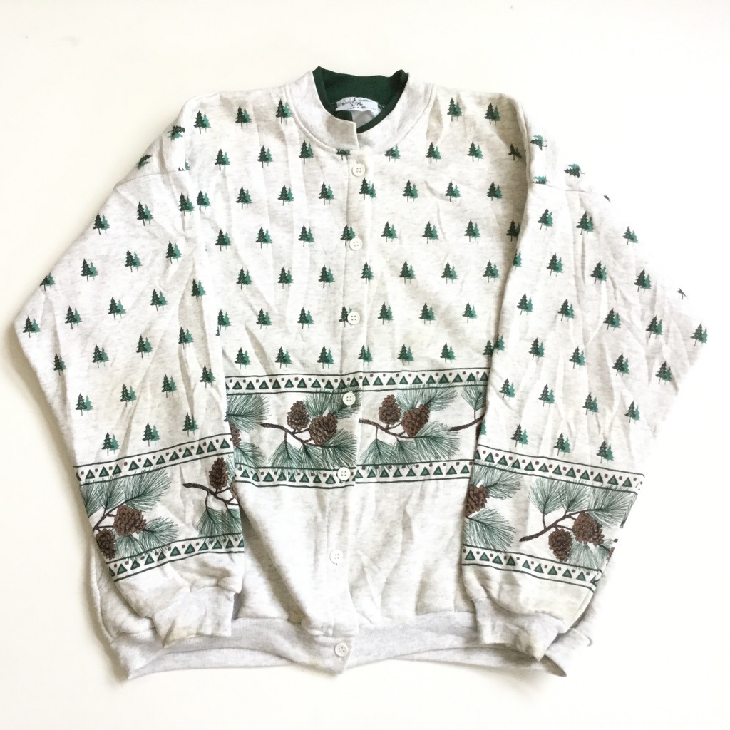USA製 スウェット トレーナー カーディガン 松ぼっくり ポケット 総柄 古着 USA製 スウェット トレーナー カーディガン 松ぼっくり ポケット