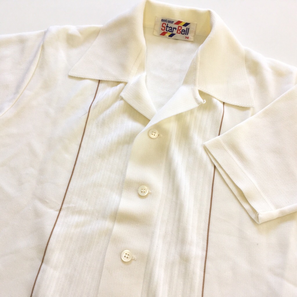 Star Bell スターベル 半袖シャツ オールドシャツ 国内古着 送料無料 メンズ M 白 ライン レトロ カジュアル 昭和モダン 古着卸 業販 国内古着 メンズ トップス ポロシャツ Spec Co Ltd